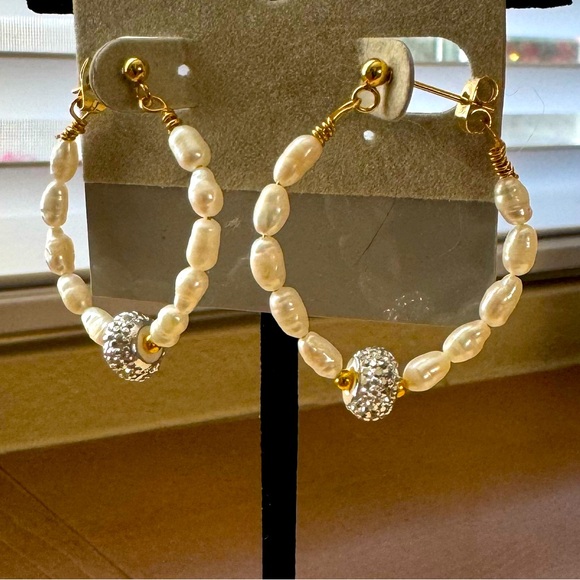 SALE!!! Rice Pearl Hoop Earrings with Bead or Crystal Accent - Picture 12 of 12